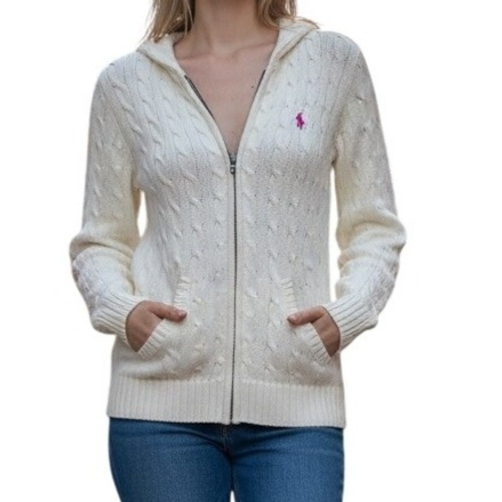 🆕 RALPH LAUREN SPORT White Cable Knit Full Zip Hooded Sweater Pink Pony Logo S